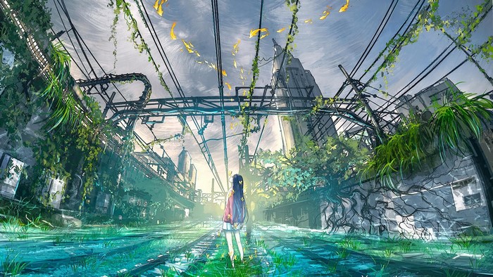 sky, anime girls, Yuumei, future forest city