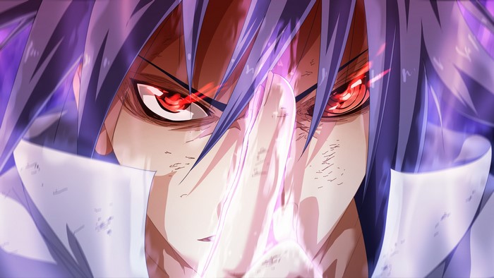 4K, anime boys, Naruto (anime), purple hair, red eyes, face, Uchiha Sasuke