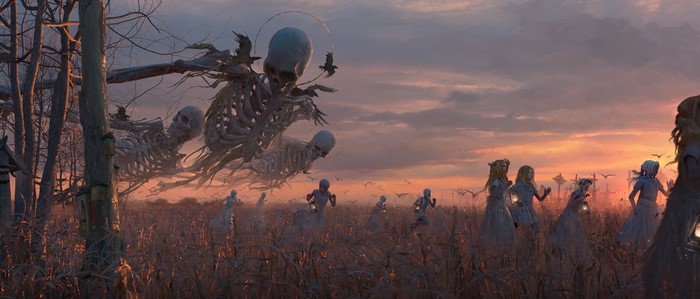 Eugene Maslovski, digital art, artwork, skeleton, field