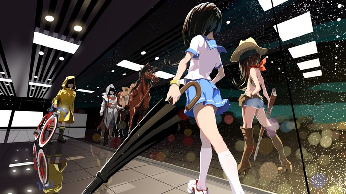 hat, tile, horse, anime girls, dark hair, mirrored, long boots, red scarfs, long hair, mirror, sailor uniform, raincoat, umbrella, gun, sneakers, bicycle, anime