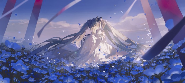 4K, Vocaloid, flowers, Nochek, ribbons, anime, petals, anime girls, Hatsune Miku