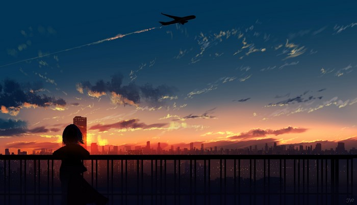 fence, clouds, anime girls, HuashiJW, airplane, cityscape, anime
