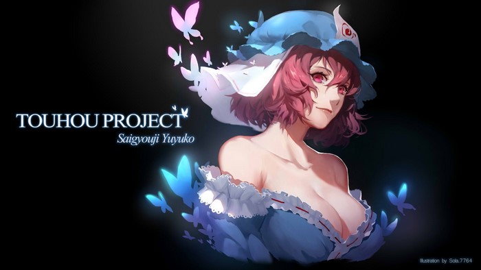 Touhou, pink eyes, anime girls, Saigyouji Yuyuko, hat, redhead, women, cleavage, bare shoulders, sola7764, anime