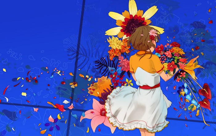 flowers, anime girls, dress, petals, short hair, blue background, anime, flower in hair, brunette