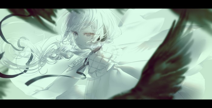 long hair, looking at viewer, blonde, anime, dress, white eyes, wings, anime girls, ribbons