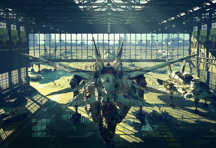 digital painting, frontal view, artwork, dappled sunlight, ArtStation, jets, Raphael Lacoste, sunlight, airport, science fiction, digital art, jet fighter