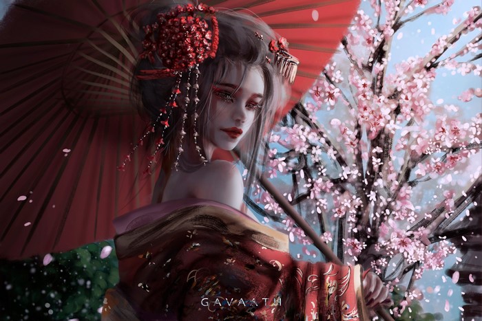 women, looking at viewer, umbrella, fantasy girl, fantasy art, red lipstick, artwork