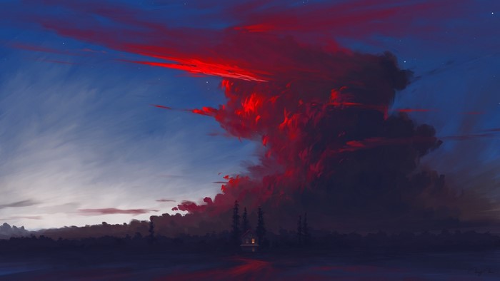 digital art, clouds, landscape, artwork, sky, red clouds, sunset