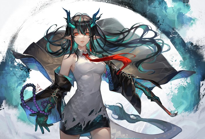 tail, dragon girl, dark hair, horns, Arknights, pointy ears, anime, anime girls, dress, red eyes, Spade-M, Dusk (Arknights)