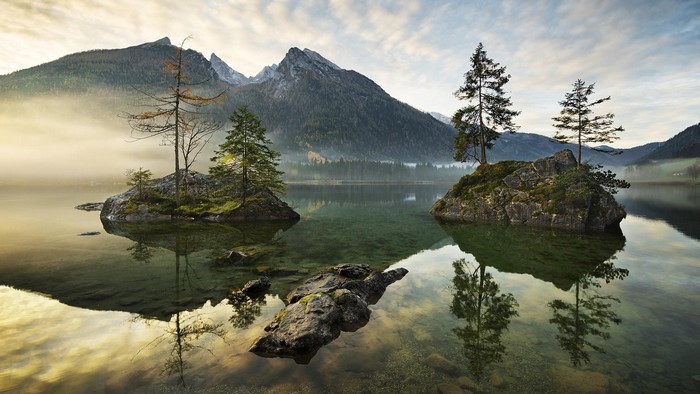 clear water, mountains, sky, clouds, mist, lake, reflection, Bing, nature, landscape, rocks, trees