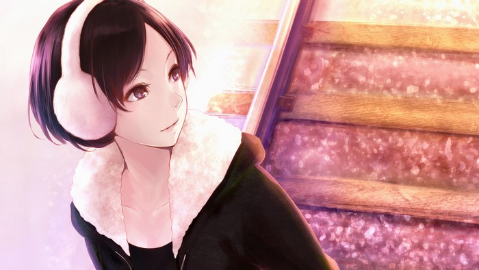 face, short hair, women outdoors, outdoors, ear muffs, anime, anime girls, railway