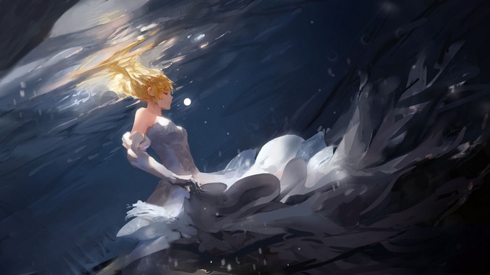 dress, fantasy art, blonde, closed eyes, Artoria Pendragon, fantasy girl, underwater, Saber Lily, anime, Fate Series, anime girls