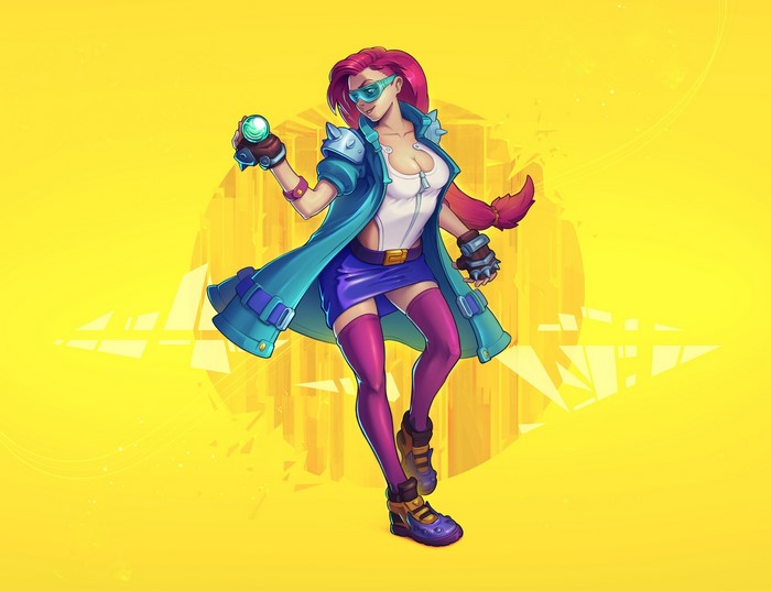 thigh-highs, artwork, women, cleavage, yellow background, yellow, goggles, pink hair, digital art