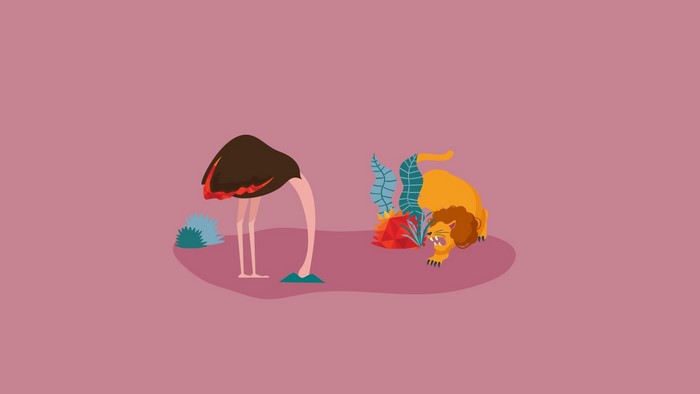 Head in Sand, lion, ostrich