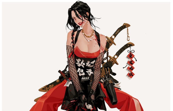 white background, RC Yang0525, women, red lipstick, girls with swords, artwork, simple background, red eyes, lipstick, dark hair