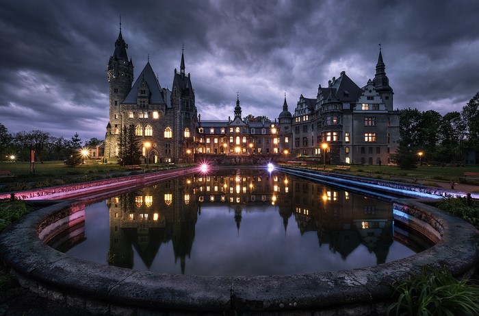 water, Pawel Olejniczak, photography, bench, overcast, night, lights, HDR, reflection, Poland, Moszna Castle