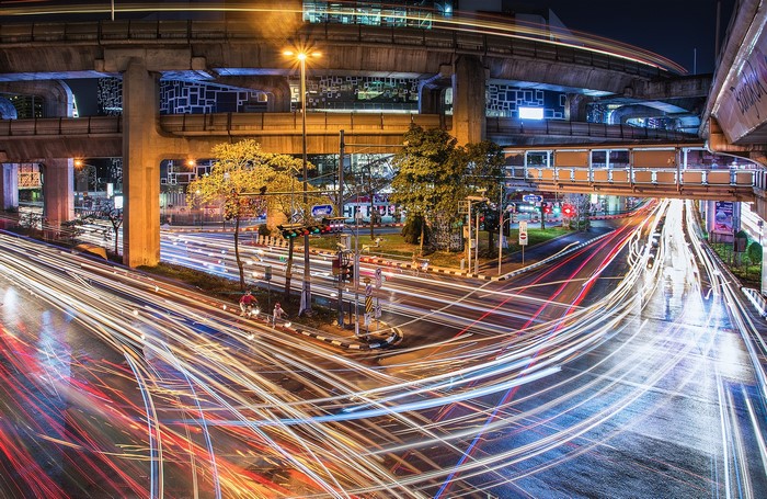 Pawel Olejniczak, trees, light trails, lights, urban, city lights, traffic, long exposure, bridge, night, photography, road, outdoors, HDR, city