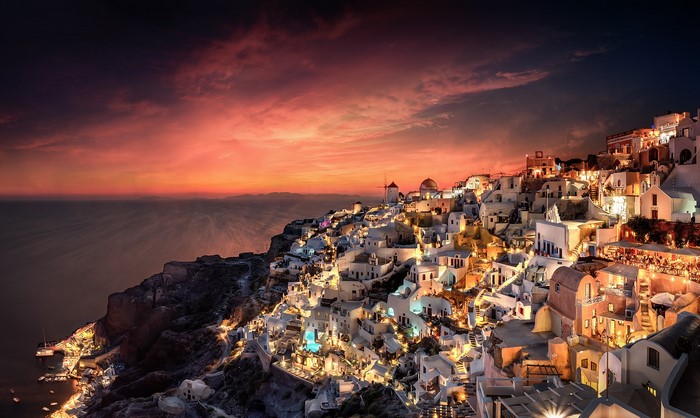 building, photography, house, water, outdoors, Santorini, windmill, clouds, lights, urban, sunset, cityscape, architecture, Greece, sky, Pawel Olejniczak, HDR, night, cliff