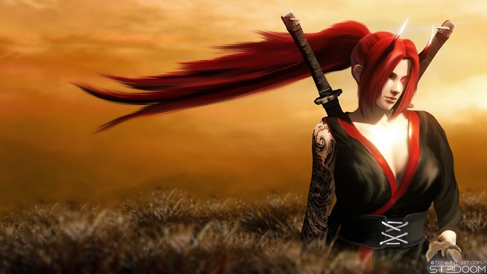 4K, original characters, digital art, fantasy warrior, ST3DOOM, katana, women