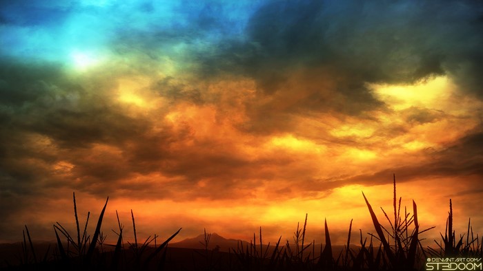4K, sunset, clouds, digital art, ST3DOOM, landscape, sky