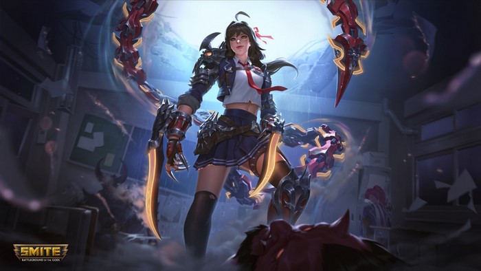 anime, video game girls, Smite, dark hair, video games, video game art, tie, women, anime girls, PC gaming, standing