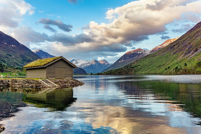 house, landscape, mountains, clouds, reflection, nature, Norway