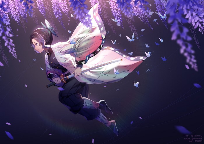 Japanese clothes, rimuu, Kimetsu no Yaiba, katana, anime girls, Kochou Shinobu