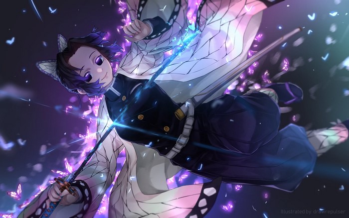 Kochou Shinobu, Kimetsu no Yaiba, Japanese clothes, anime girls, katana