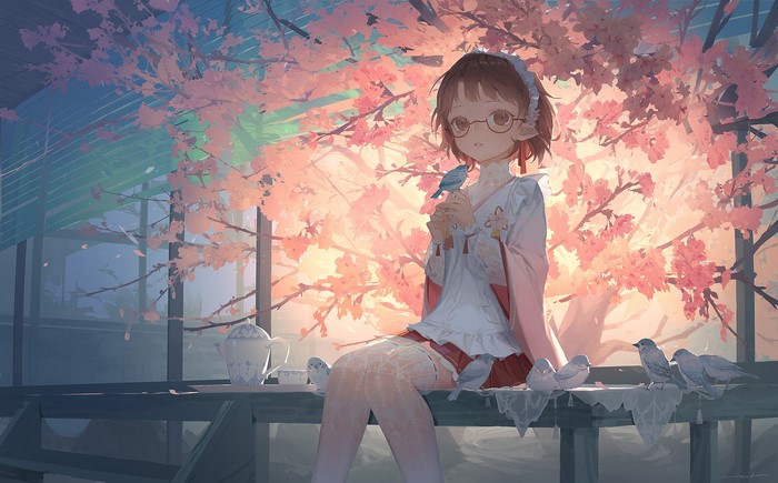 anime, elf ears, thigh-highs, brunette, short hair, anime girls, looking at viewer, loli, tights, maid, birds, brown eyes, dress, Echosdoodle, tea party, sakura (tree), glasses