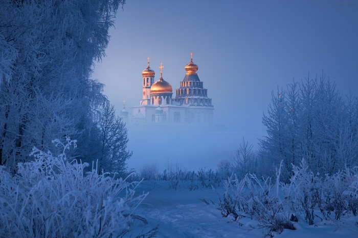 nature, Mikhail Dubrovinskiy, frost, snow, landscape, mist, cathedral, cross, Orthodox, Russia, trees, winter