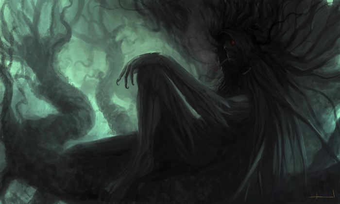 4K, fantasy art, smoking, branch, artwork, smoke, creature, sitting, trees, digital art, profile, rest, creepy, red eyes