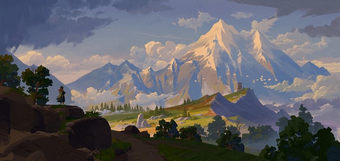 paintbrushes, MH C, mountains, digital art, landscape