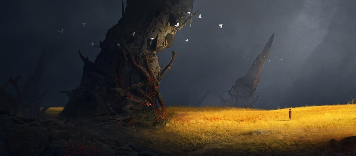 dark, field, digital art, 2D, light effects, landscape