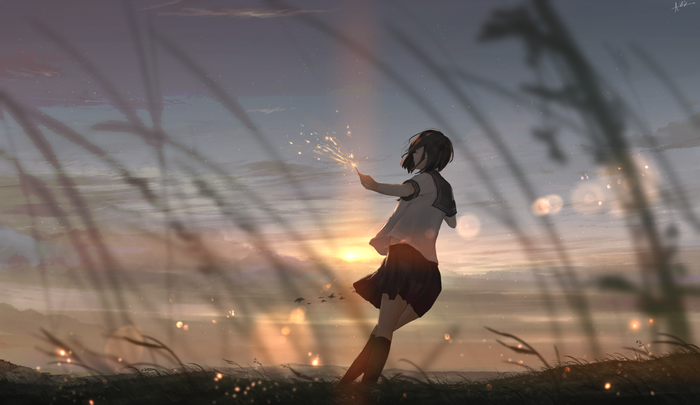 short hair, landscape, anime girls, anime, school uniform, t_res