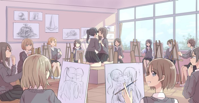 4K, betock, school uniform, original characters, kissing, anime girls, yuri
