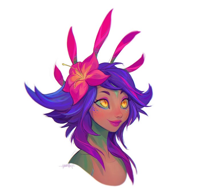 face, League of Legends, makeup, women, flower in hair, Jennifer Park, white background, simple background, Neeko (League of Legends), purple hair, fantasy art, fantasy girl, artwork