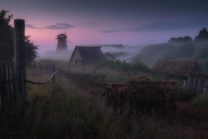 photography, trees, path, hay, outdoors, building, windmill, landscape, house, grass, Alexandr Kukrinov, fence, mist