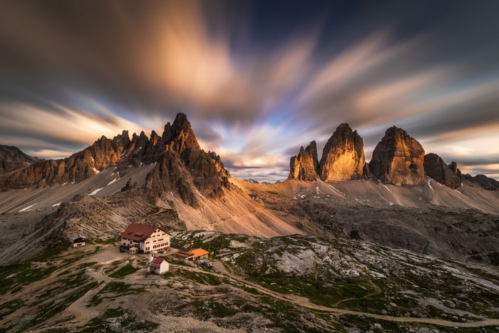 Dolomites (mountains), nature, Italy, clouds, landscape, road, rocks, mountains, building