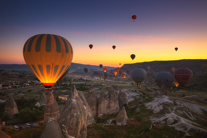rocks, hot air balloons, nature, Cappadocia, sunset, Turkey, sky, landscape