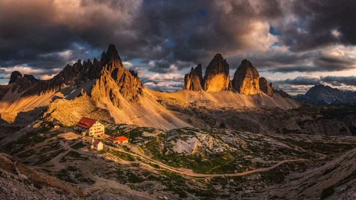 rocks, nature, road, Italy, landscape, mountains, clouds, sunlight, Dolomites (mountains)