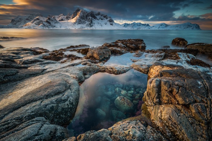 clouds, nature, Norway, clear water, mountains, landscape, rocks, island, water