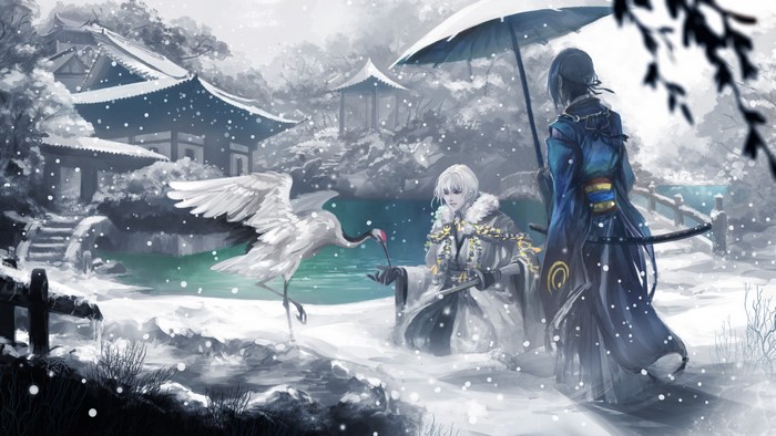 Mikazuki Munechika, Touken Ranbu, anime, Tsurumaru Kuninaga, winter