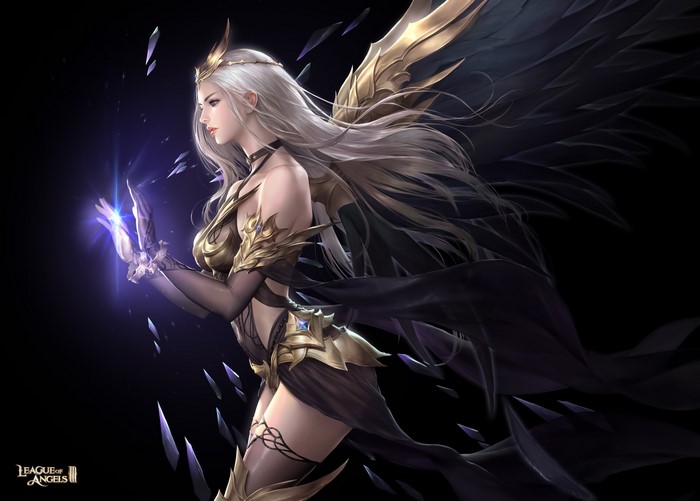 Bluezima, profile, magician, looking away, blonde, tiaras, dark, women, people, League of Angels, wings, spell, long hair, dress, drawing
