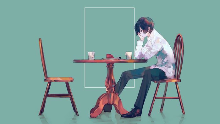 chair, cup, table, shoes, anime boys, dark hair, simple background, anime, sitting