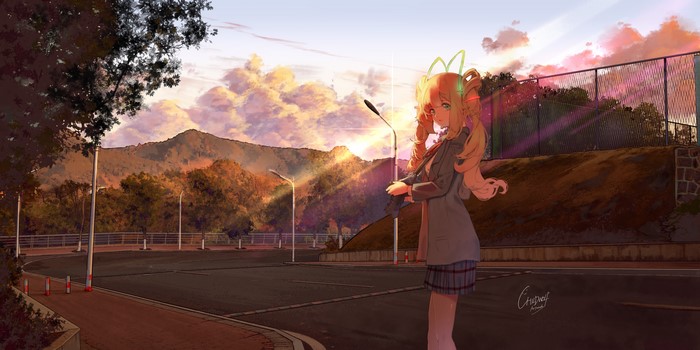 4K, camera, twintails, Childwolf, anime girls, green eyes, blonde, anime, landscape