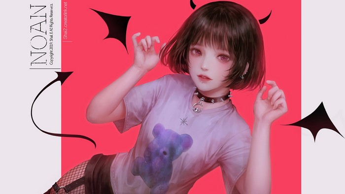 pierced, Shal. E, anime girls, short hair, collar, brunette, T-shirt, pink eyes, anime
