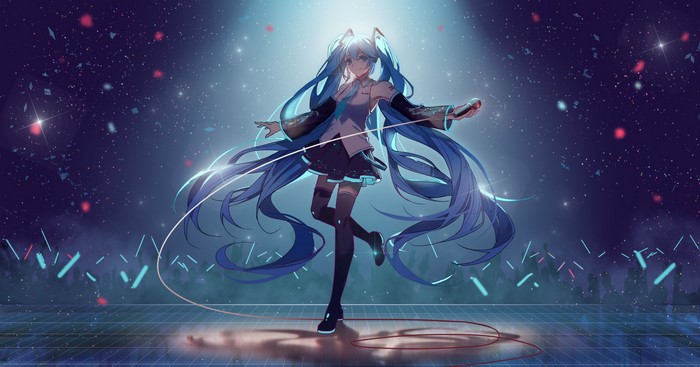 thigh-highs, Vocaloid, stage light, smiling, anime, blue hair, Hatsune Miku, anime girls, blue eyes, long hair, twintails