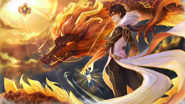 Zhongli and Fiery Golden Dragon Gaze