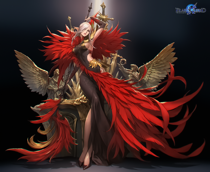 blonde, long hair, weapon, wings, Bluezima, pointy ears, women, elves, drawing, dress, feathers, red clothing, lights, sword