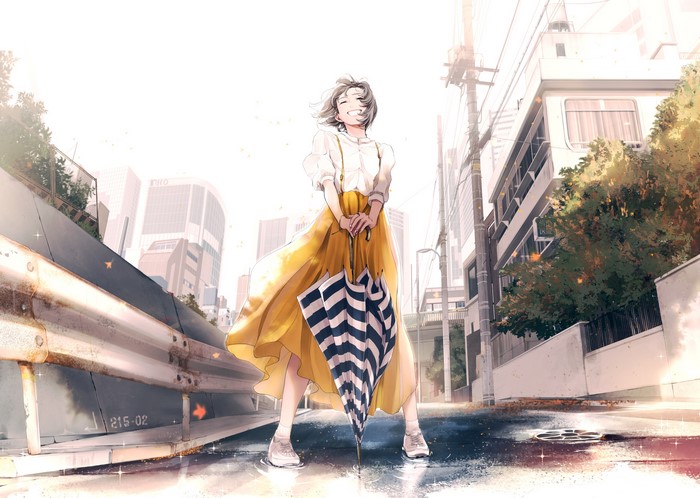 casual, women outdoors, standing, short hair, 2D, closed eyes, Maeda Mic, traffic barrier, long skirt, brunette, suspenders, original characters, cityscape, women with umbrella, hair blowing in the wind, smiling, anime girls, anime